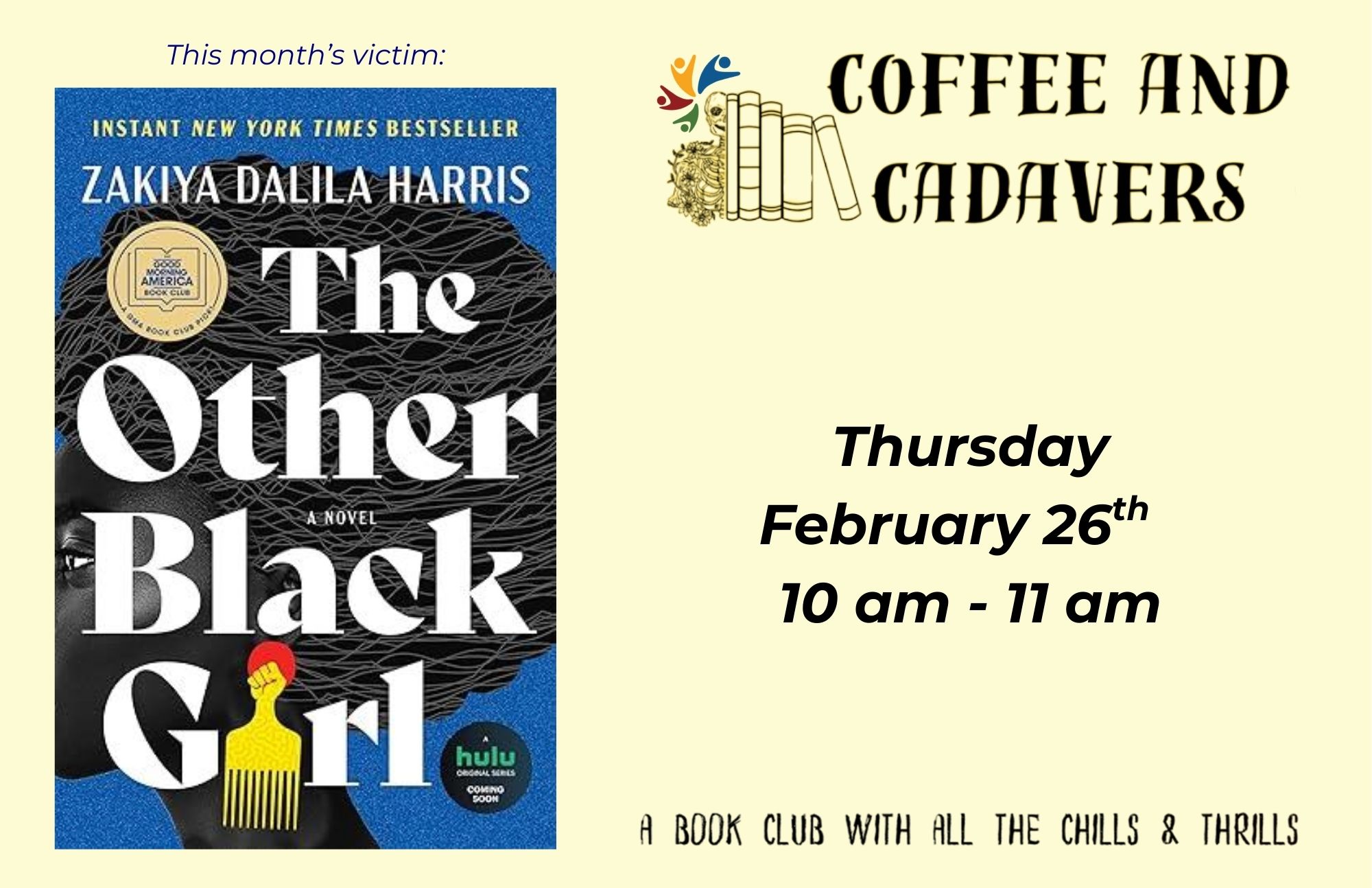 Coffee and Cadavers book club flyer featuring The Other Black Girl with meeting date, time, and event title.