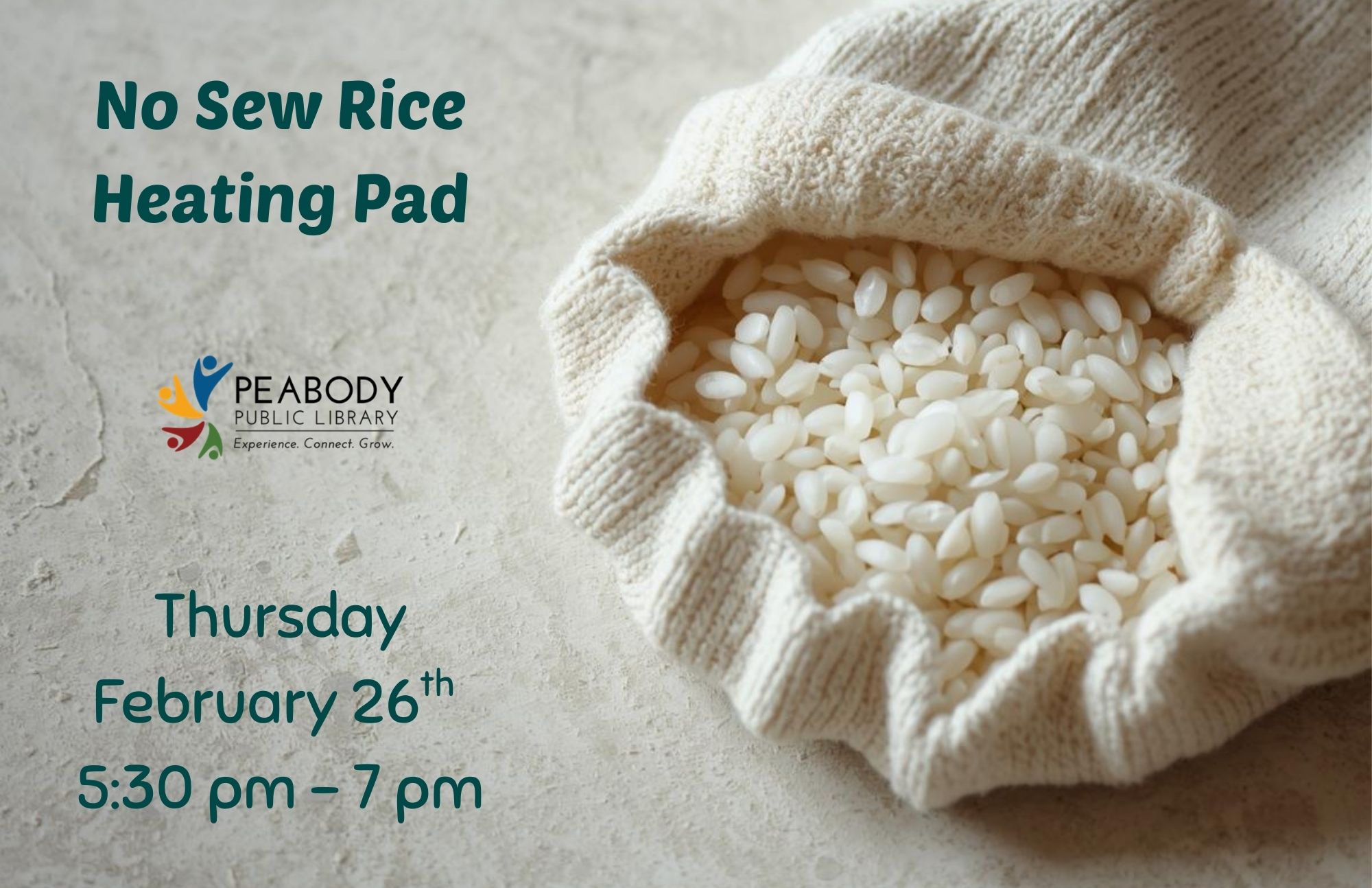 No Sew Rice Heating Pad workshop flyer showing a fabric pouch filled with rice, with date, time, and library branding.