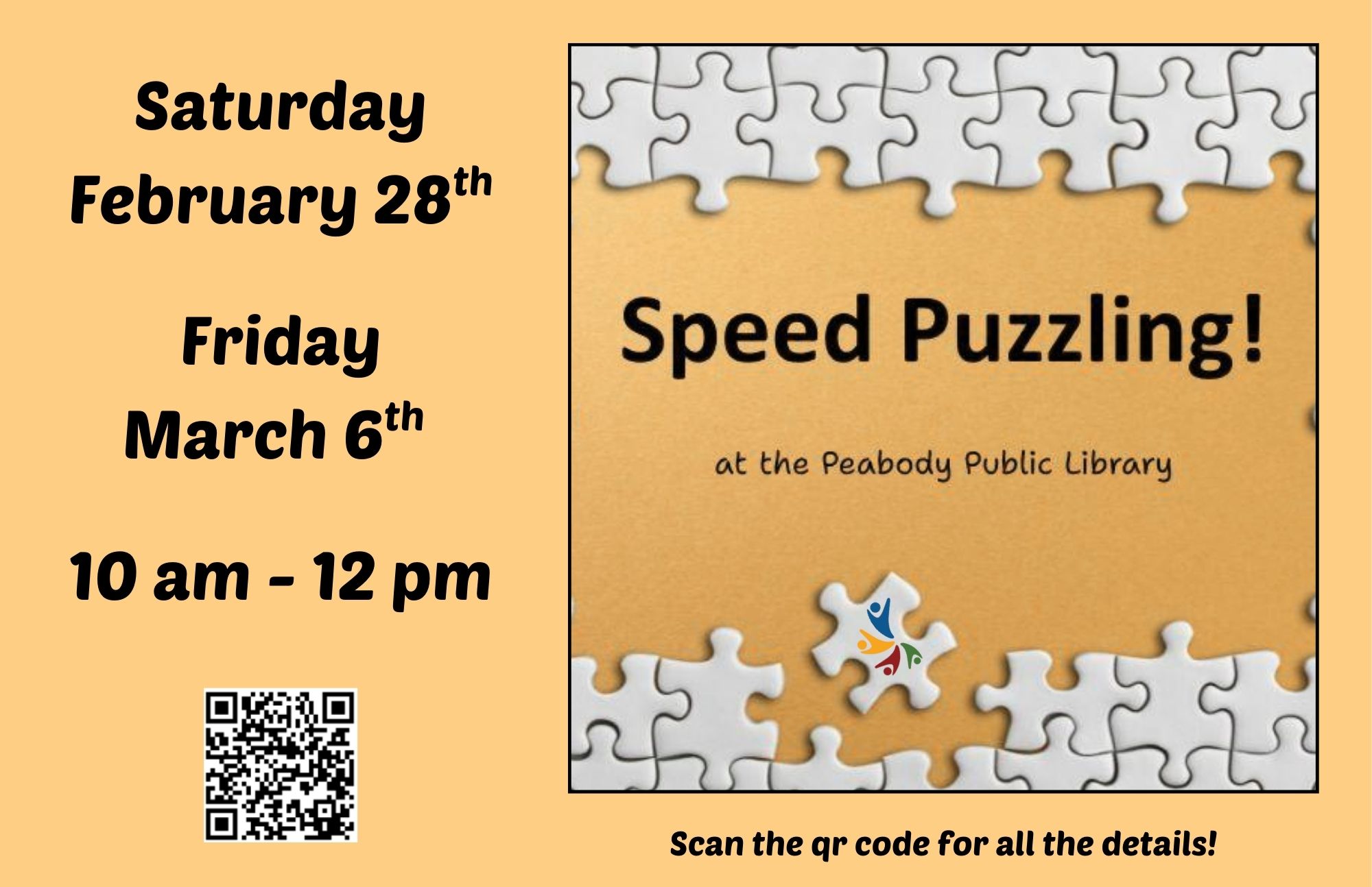 Speed Puzzling event flyer at the Peabody Public Library with puzzle-piece graphics, dates, times, and a QR code for details.
