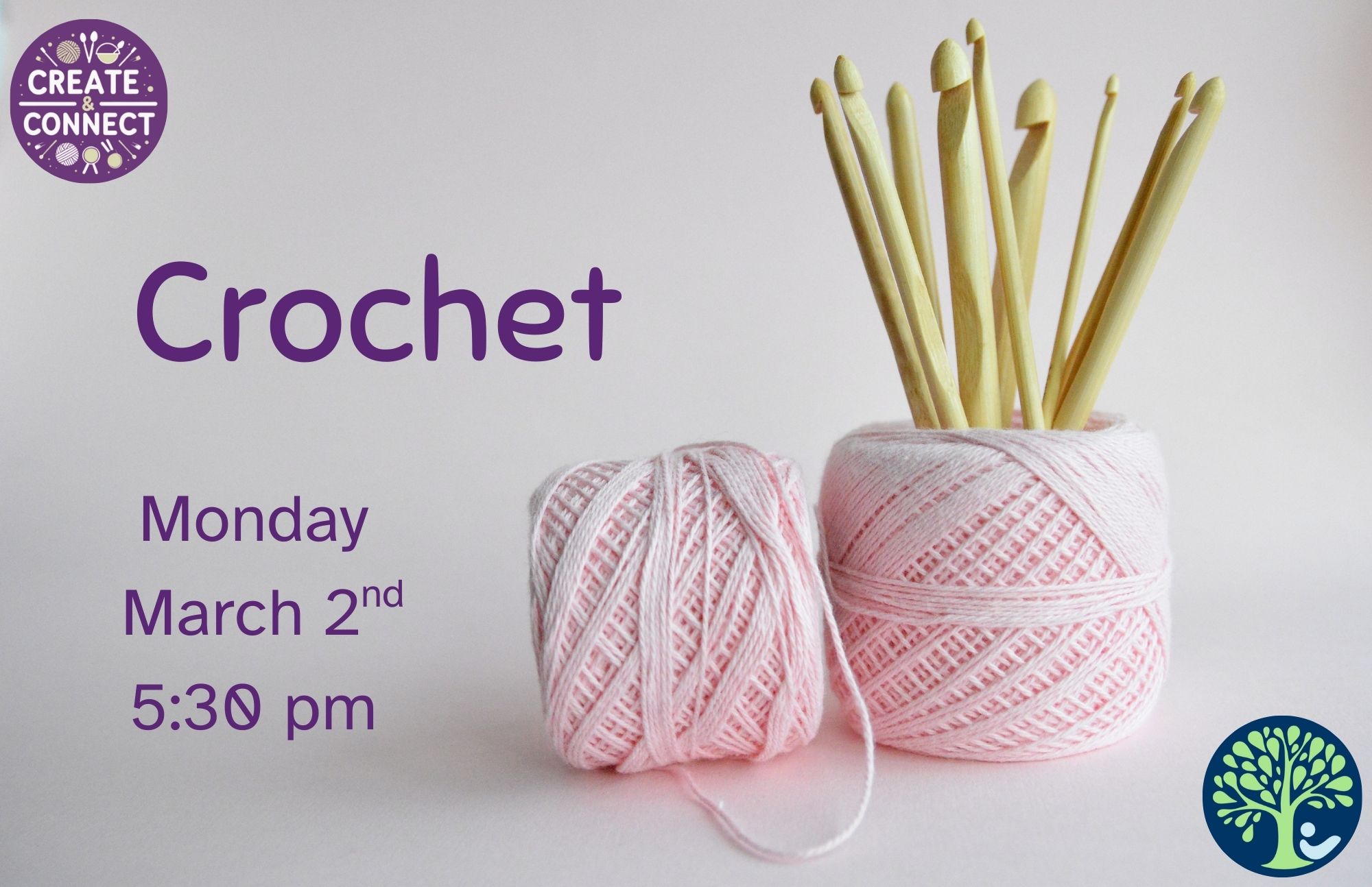 Crochet class poster featuring pink yarn balls with crochet hooks and event details for March 2 at 5:30 pm.