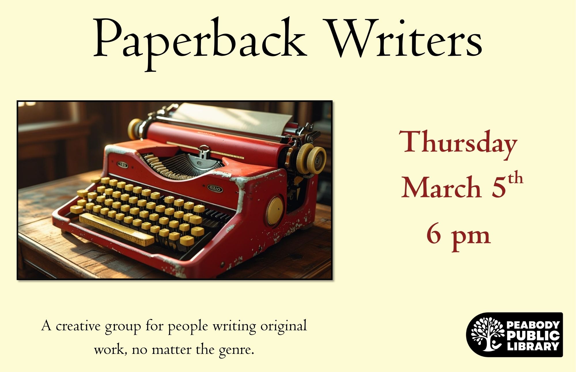 Paperback Writers poster featuring a vintage red typewriter with event details for March 5 at 6 pm.