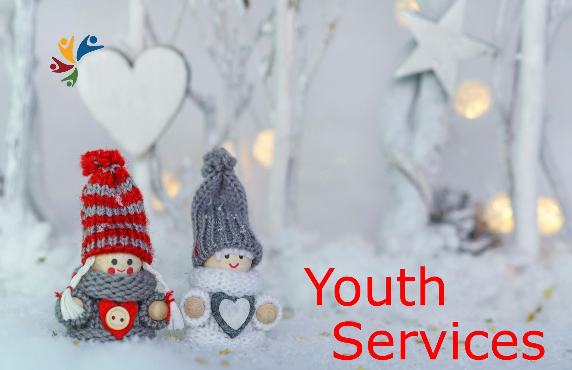 Two small winter figurines wearing knitted hats and scarves sit on snow with a white heart and star decorations in the background. Warm lights are softly glowing behind them. Text on the image reads ‘Youth Services’ in bold red, and the PPL logo appears in the top left corner.