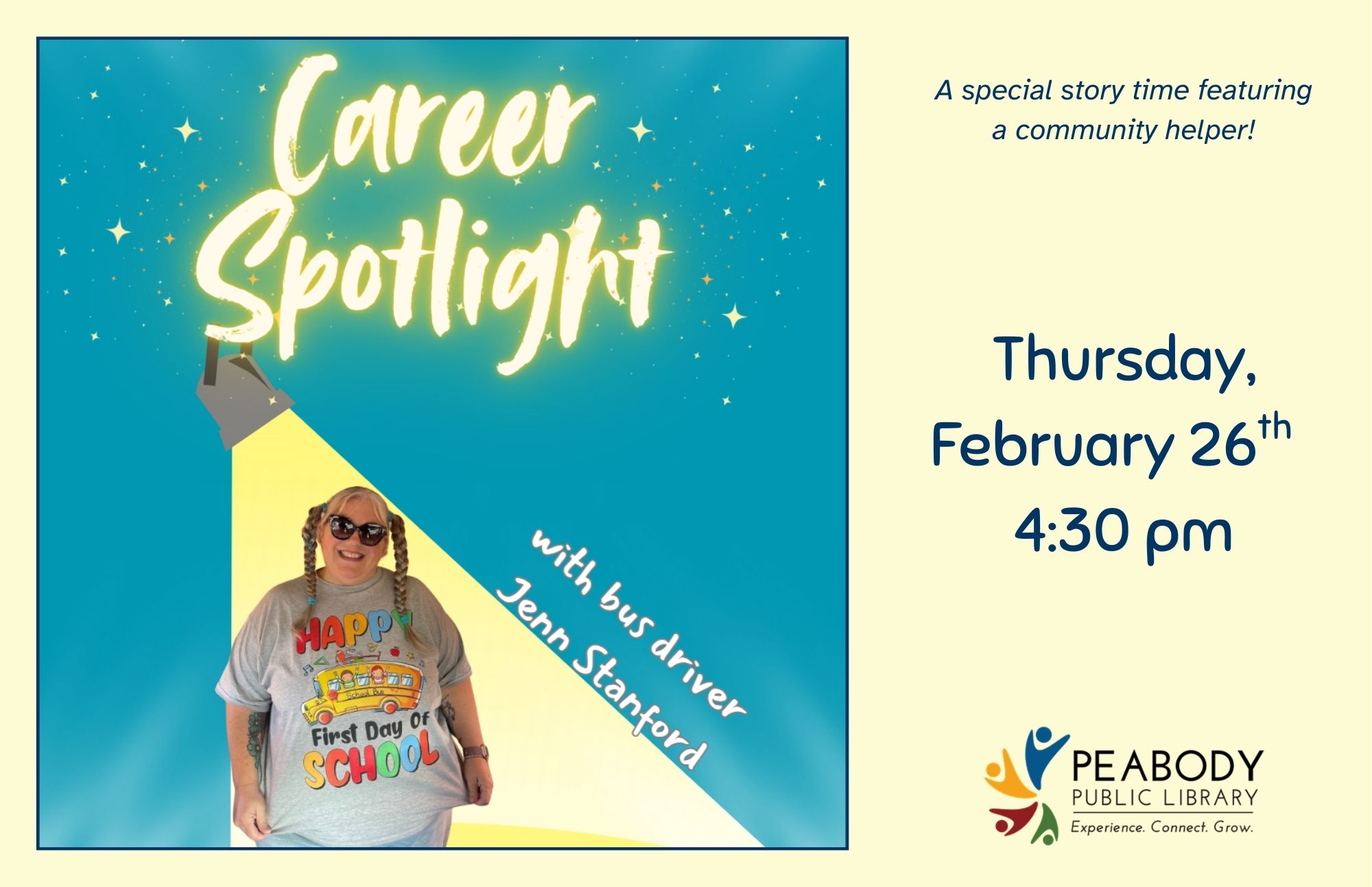 Career Spotlight flyer advertising a children’s storytime with a bus driver, including date, time, and Peabody Public Library branding.
