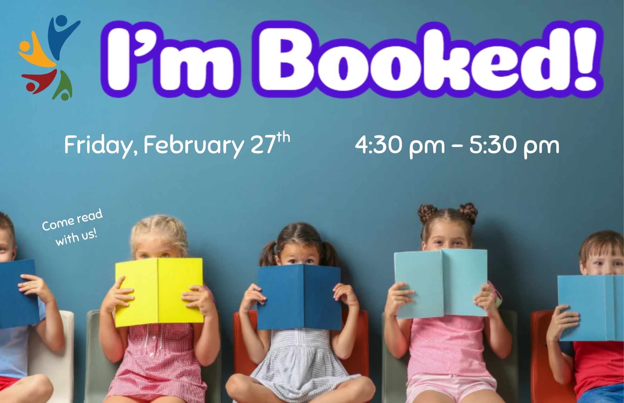 I’m Booked! flyer showing children seated and reading books, with date and time for a library reading program.