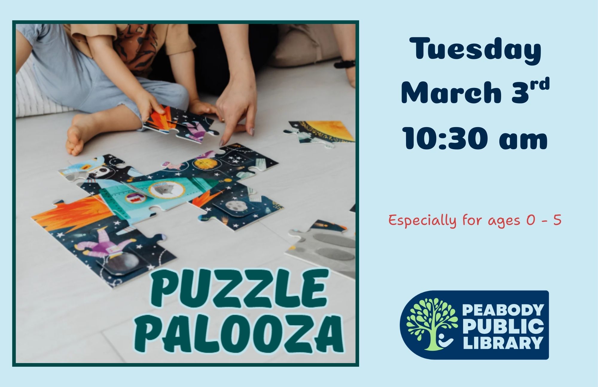 Puzzle Palooza poster showing children working on a colorful space-themed puzzle with event details for March 3 at 10:30 am.