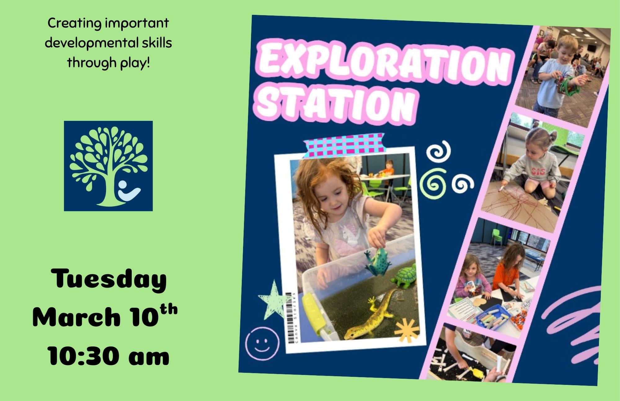 Flyer for an Exploration Station children’s play‑based learning event on March 10 at 10:30 am, featuring photos of kids engaging in hands‑on activities.